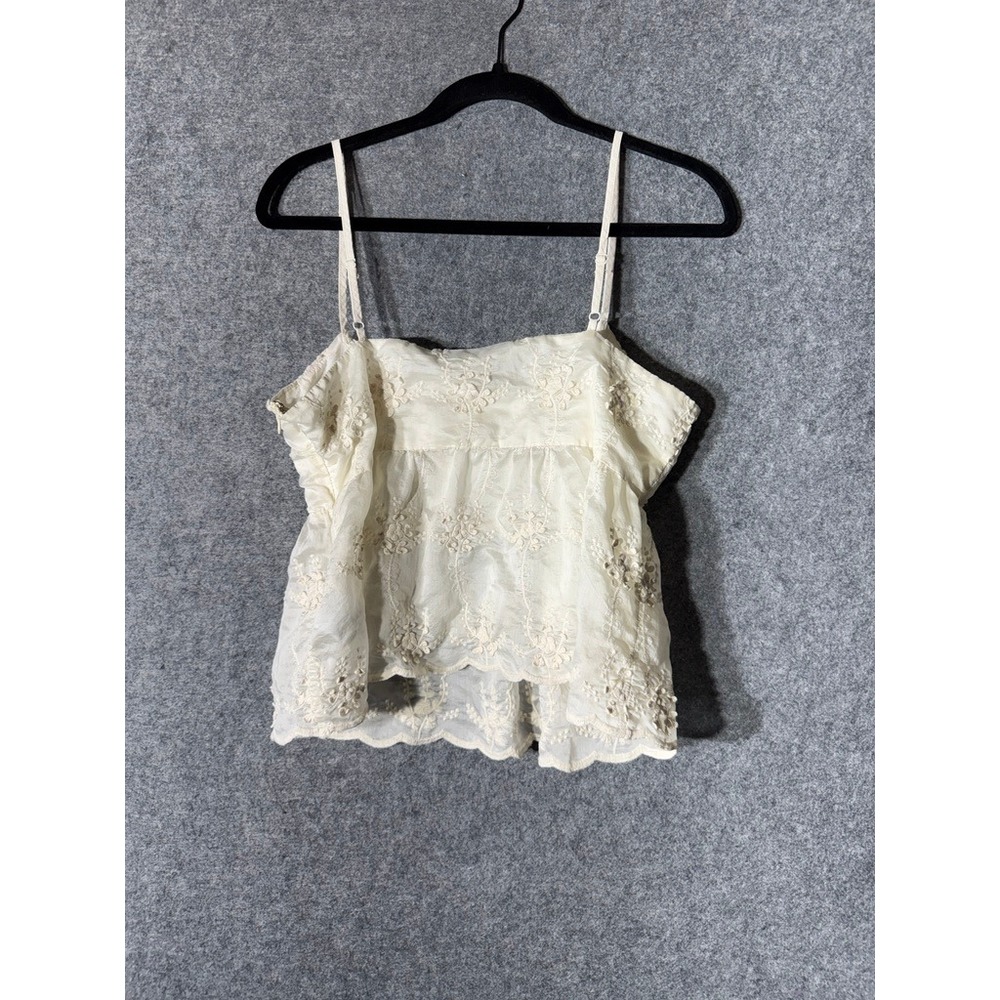 And Now This Ivory Embroidered Peplum Cami Top Square Neck Scalloped Hem Large - Picture 7 of 8